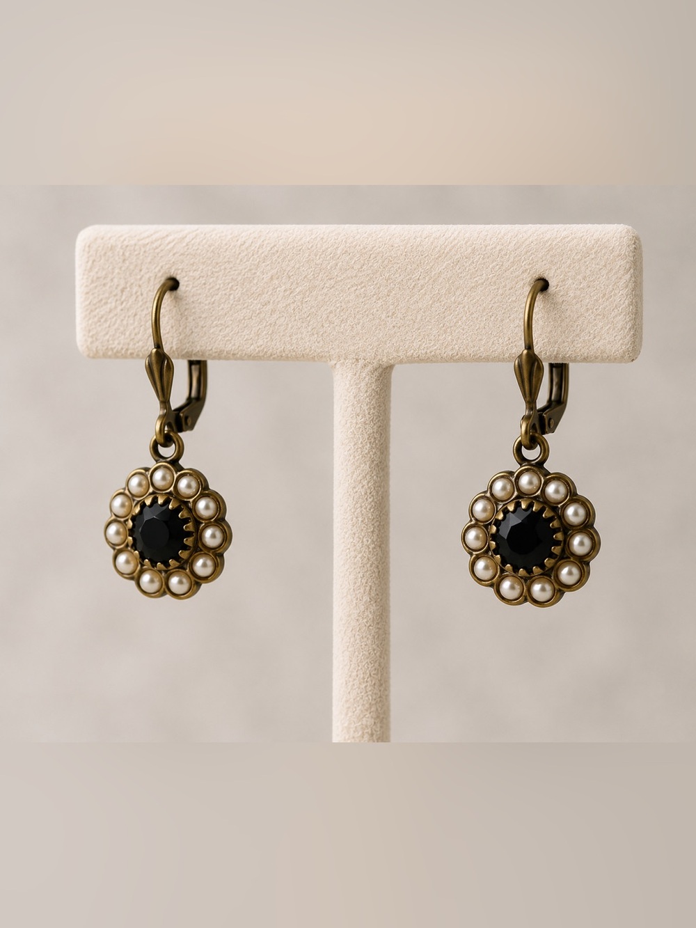 Antique Gold Tone Black Stone and Faux Pearl Halo Drop Earrings